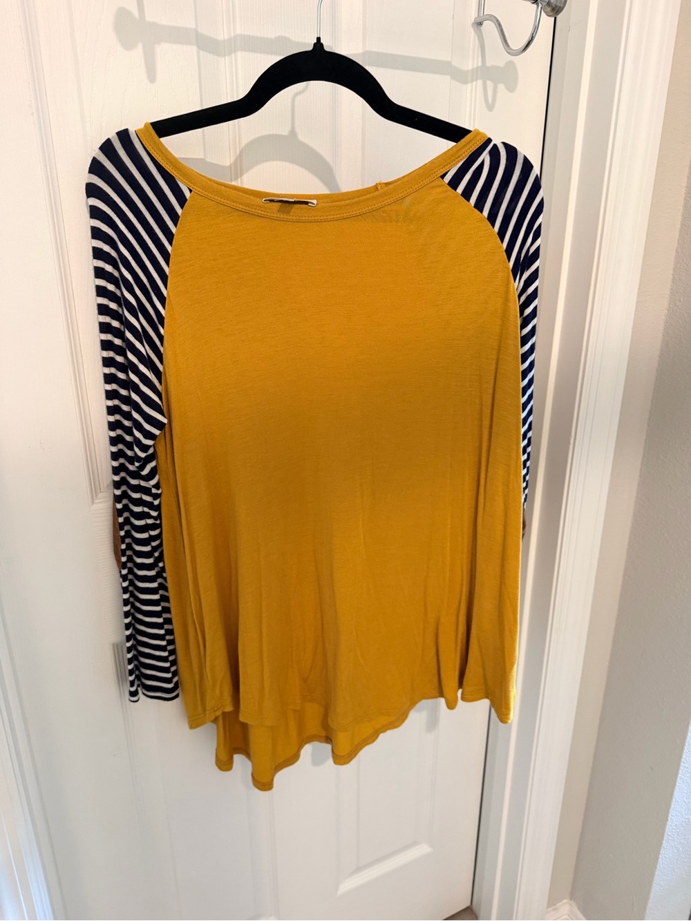 Mustard Raglan Long-Sleeve Tee with Navy Stripe Sleeves and Brown Elbow Patches - Picture 2 of 4